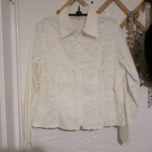 Anne Fontaine Cotton Mesh Ruffle Zip Up Shirt Sz L - Picture 1 of 5